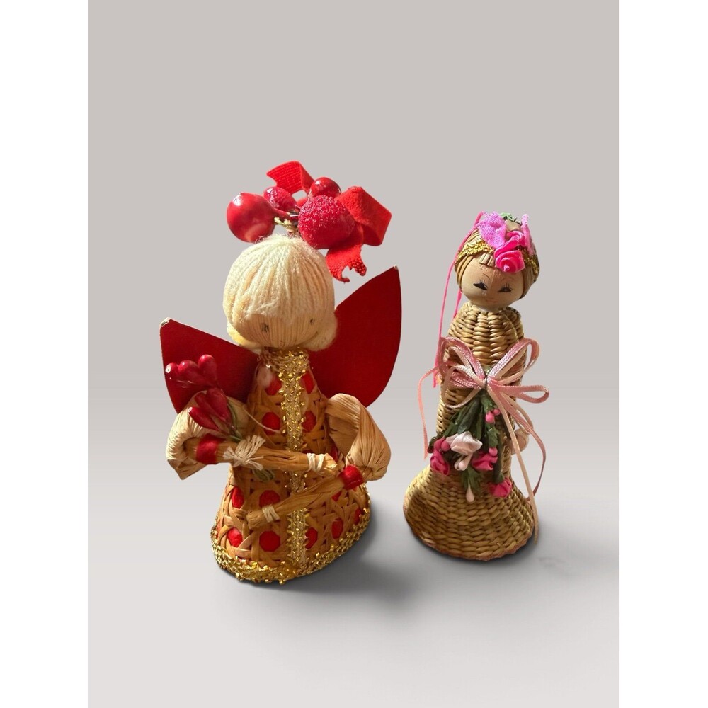 Vintage Kurt S. Adler Woven Straw Angel & Folk Art Ornament Set